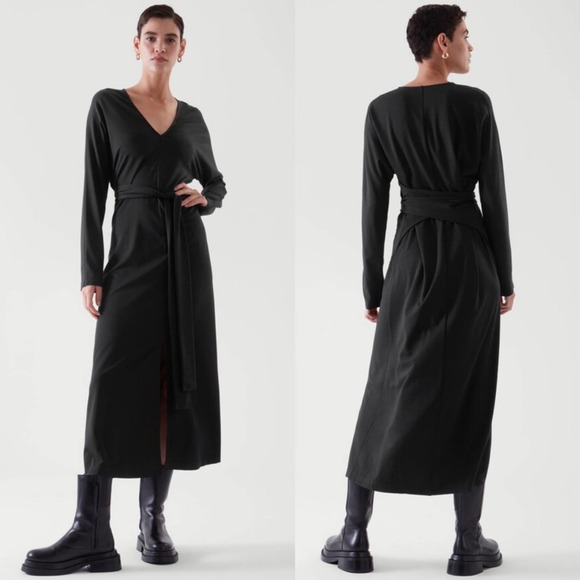 COS Women’s Black Long Sleeve Waist Wrap Midi Dress Size Large - Picture 2 of 11